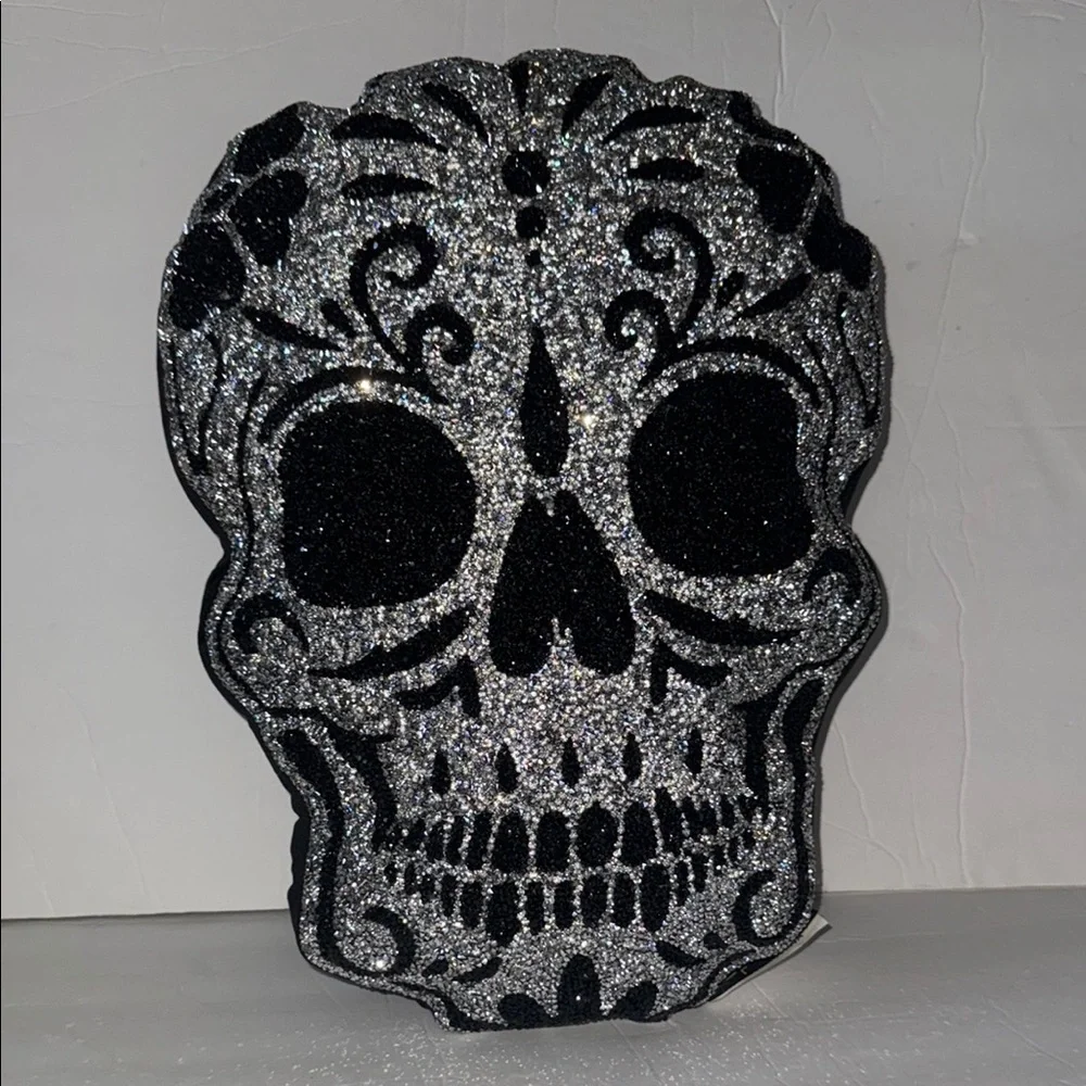 NWT Sparkles Home Rhinestones Silver & Black Sugar Skull Halloween Large Pillow
